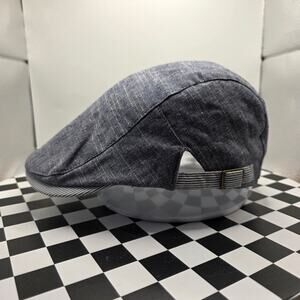 Blue Chambray Flat Cap Hickory Stripe Brim Adjustable Ivy Driving Hat Newsboy